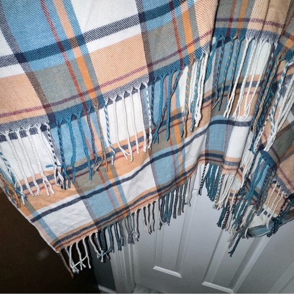 Matilda Jane Plaid Cream Blue Button Down Paige Ruana Shawl Poncho OS one size - Picture 6 of 10